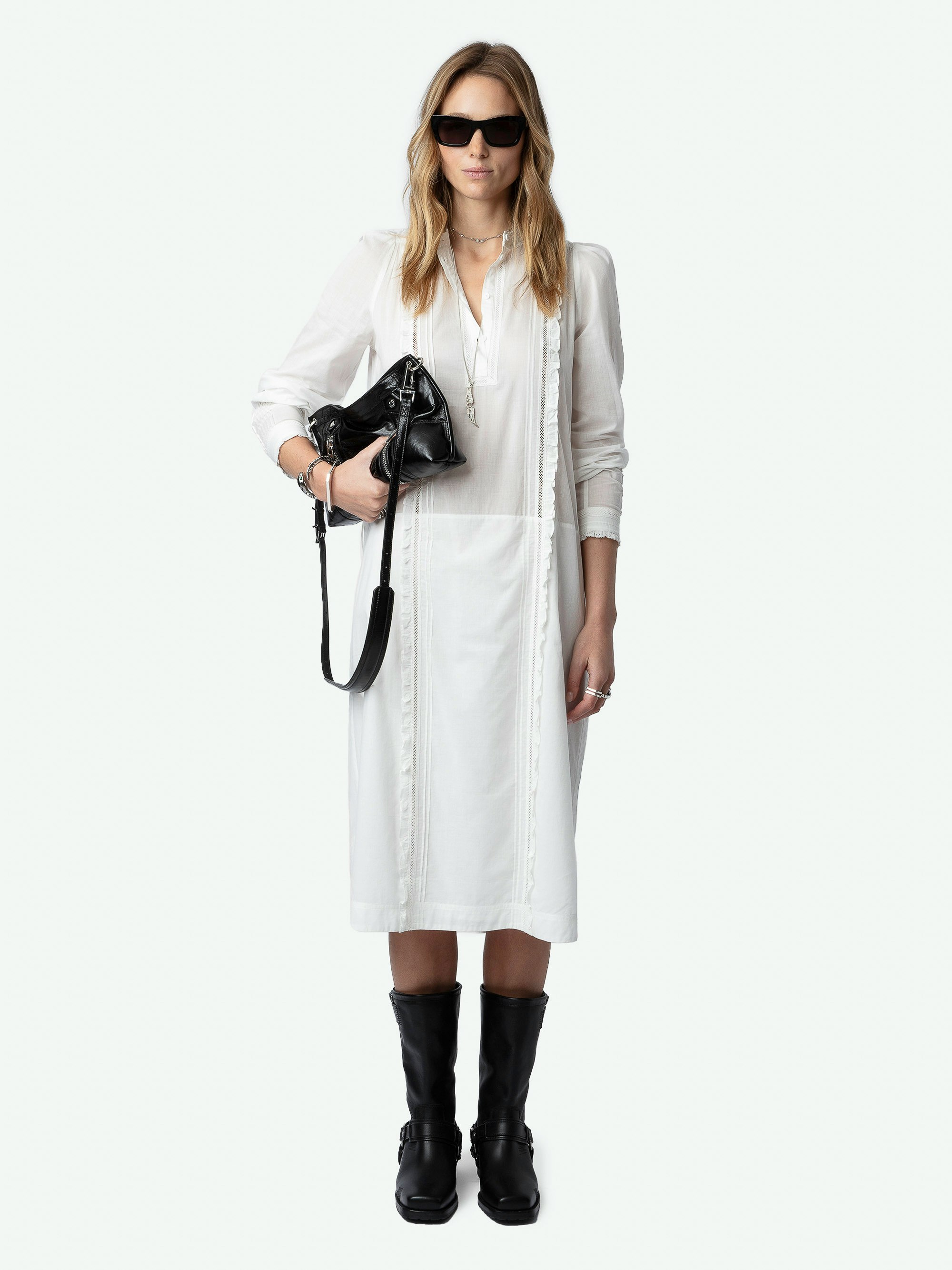 Ritchil Dress - Long-sleeved white cotton voile midi dress with removable belt, lace and ruffles.