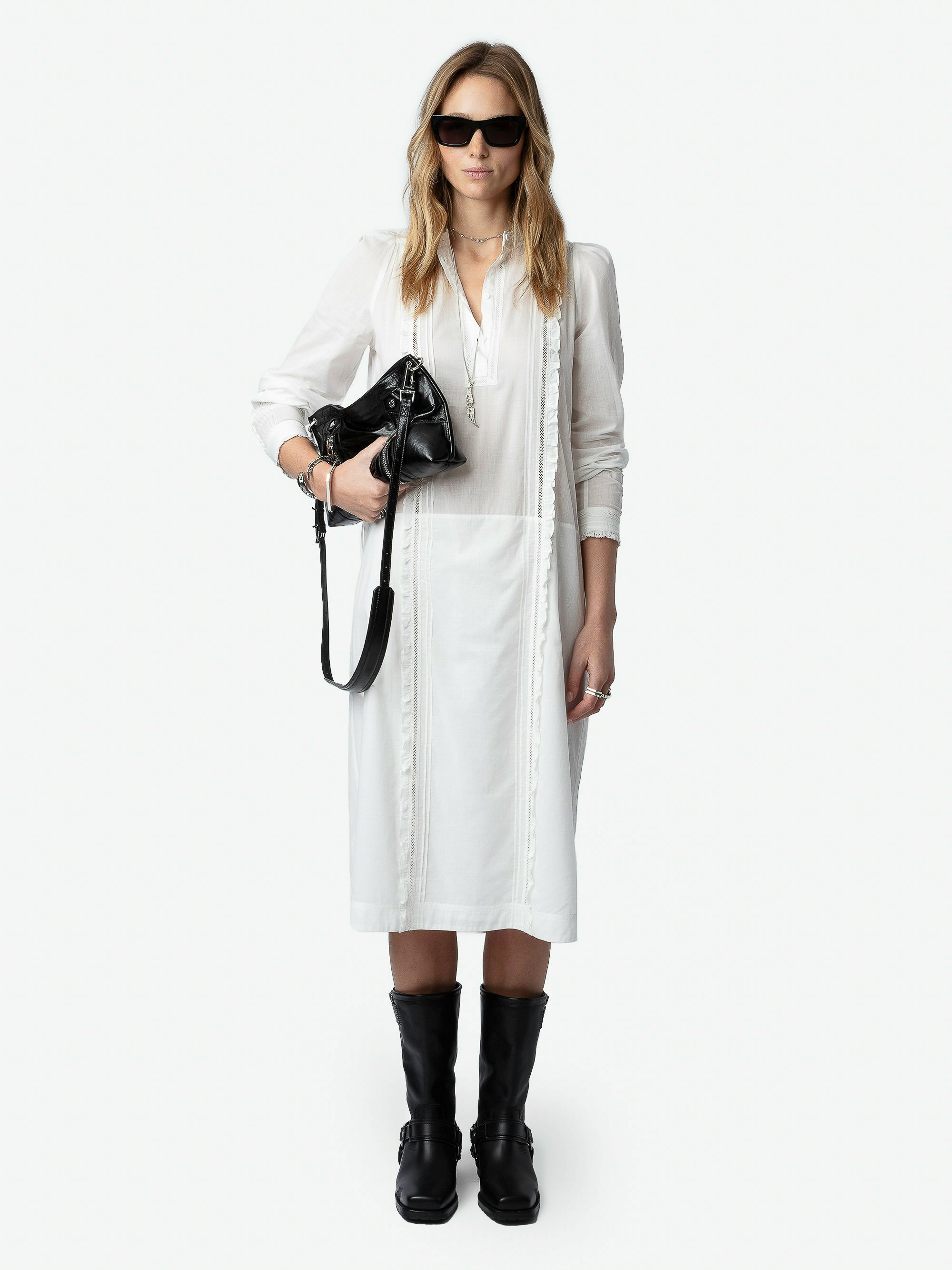 Robe Ritchil - Robe mi-longue en voile de coton blanc à manches longues, ceinture amovible, dentelle et volants.