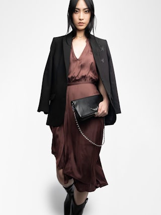 Randall Asymmetric Ruffled Dress - Mid-length satin dress with raglan short sleeves and asymmetric ruffled panel skirt.