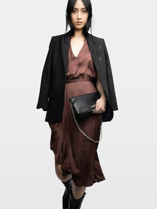 Randall Asymmetric Ruffled Dress - Mid-length satin dress with raglan short sleeves and asymmetric ruffled panel skirt.