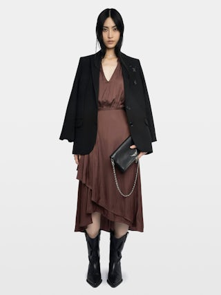 Randall Asymmetric Ruffled Dress - Mid-length satin dress with raglan short sleeves and asymmetric ruffled panel skirt.