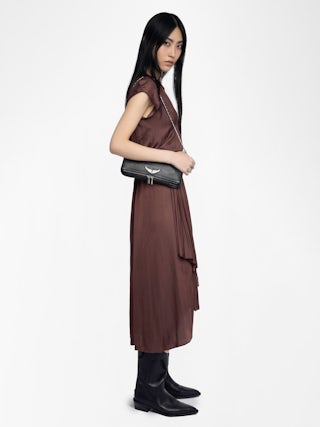 Randall Asymmetric Ruffled Dress - Mid-length satin dress with raglan short sleeves and asymmetric ruffled panel skirt.