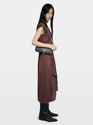 Randall Asymmetric Ruffled Dress - Mid-length satin dress with raglan short sleeves and asymmetric ruffled panel skirt.