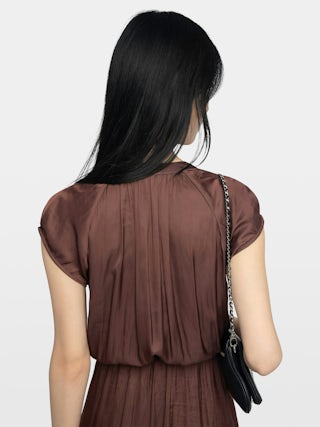 Randall Asymmetric Ruffled Dress - Mid-length satin dress with raglan short sleeves and asymmetric ruffled panel skirt.