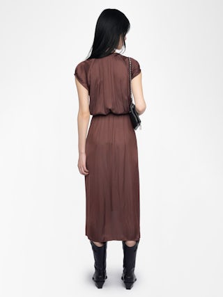 Randall Asymmetric Ruffled Dress - Mid-length satin dress with raglan short sleeves and asymmetric ruffled panel skirt.