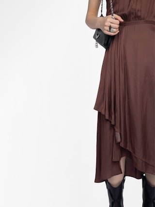 Randall Asymmetric Ruffled Dress - Mid-length satin dress with raglan short sleeves and asymmetric ruffled panel skirt.