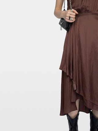 Randall Asymmetric Ruffled Dress - Mid-length satin dress with raglan short sleeves and asymmetric ruffled panel skirt.
