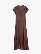 Abito Randall - Abito midi in satin con maniche corte raglan e gonna con pannello asimmetrico volant.