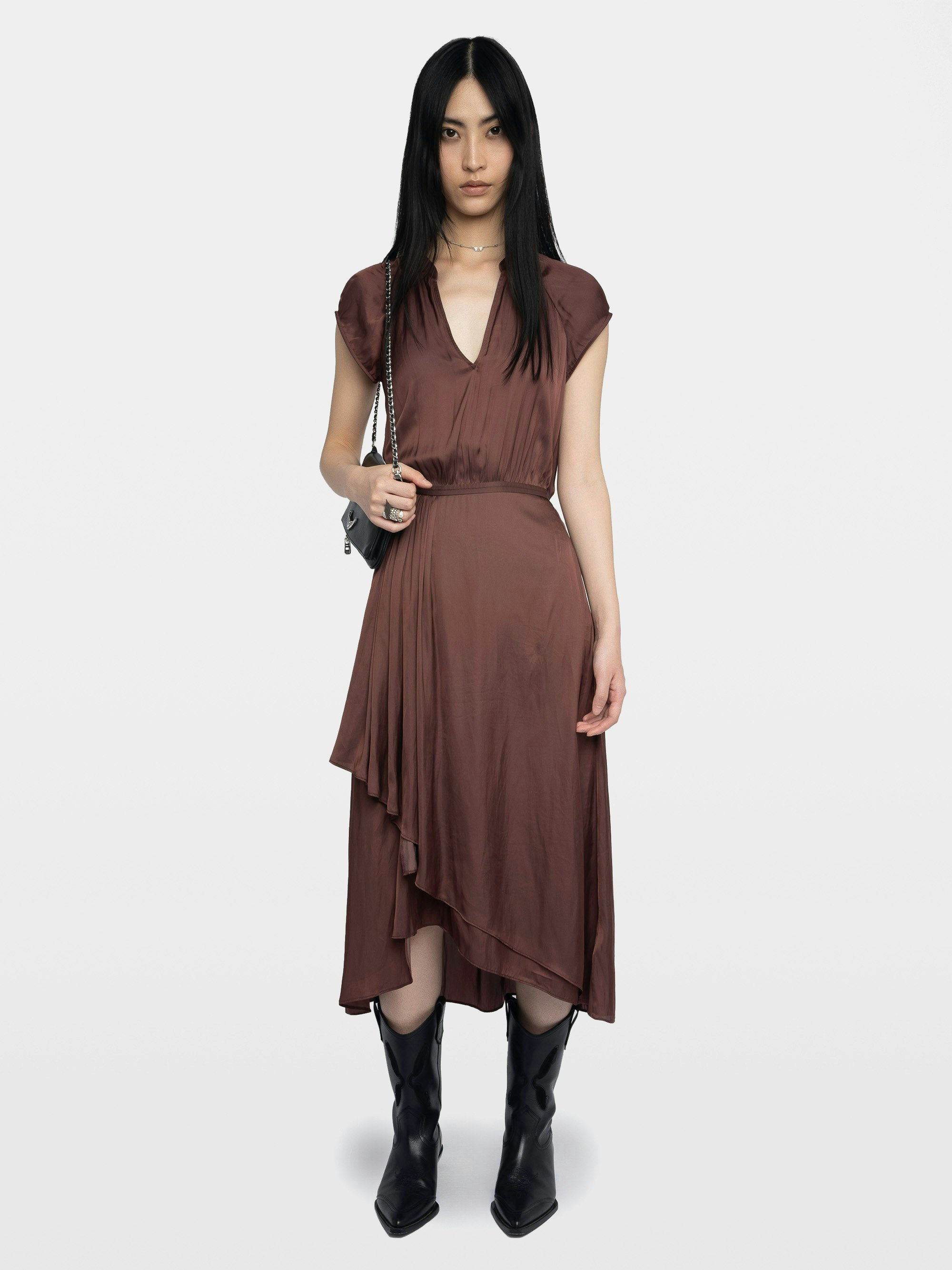 Randall Satin Dress - Mid-length satin dress with raglan short sleeves and asymmetric ruffled panel skirt.