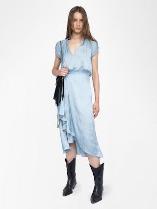 Randall Asymmetric Ruffled Dress​ - Mid-length satin dress with short raglan sleeves and an asymmetric ruffled panel skirt.