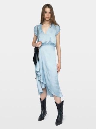 Randall Satin Dress - Mid-length satin dress with short raglan sleeves and an asymmetric ruffled panel skirt.