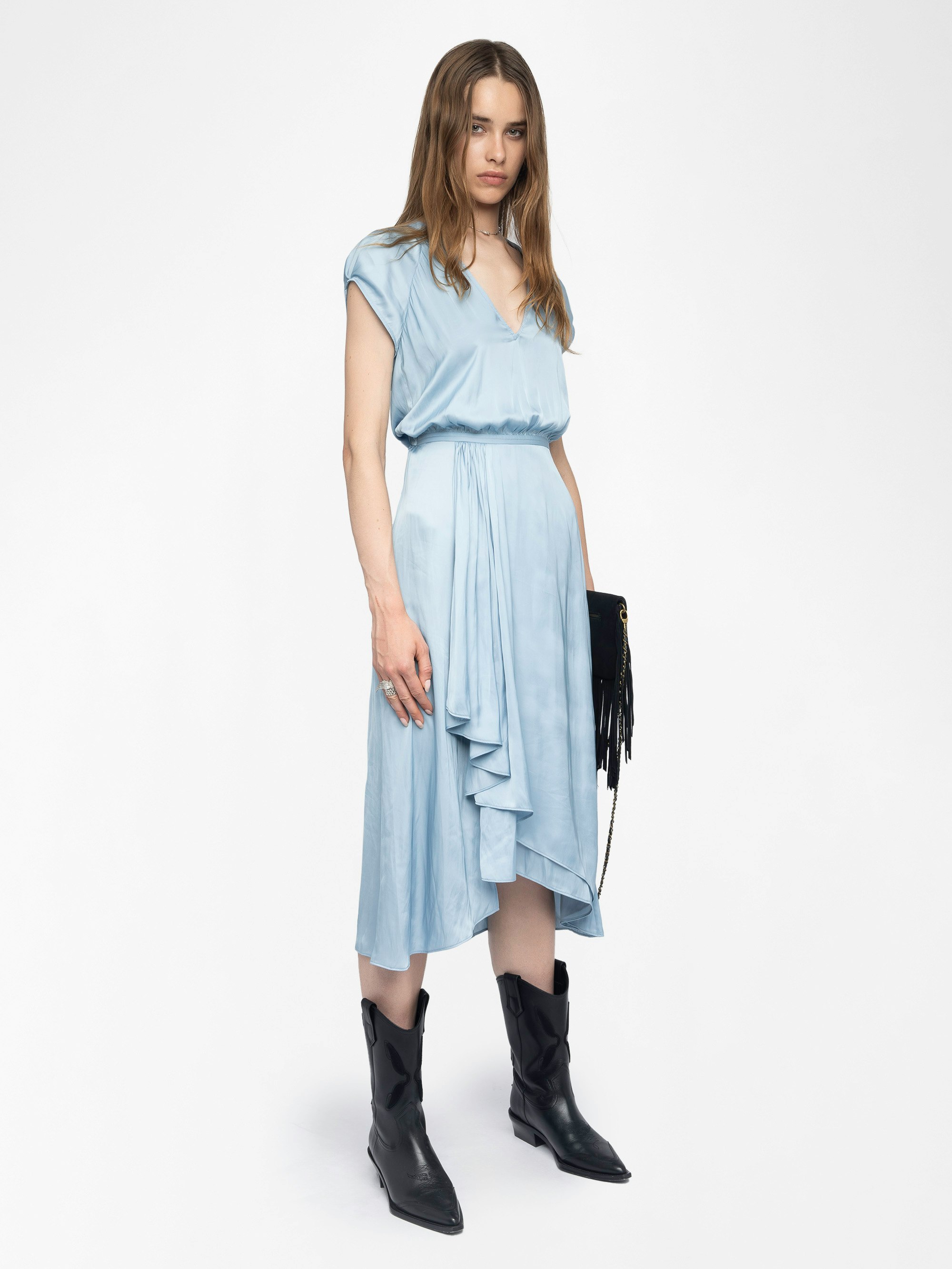 Randall Dress - Mid-length satin dress with short raglan sleeves and an asymmetric ruffled panel skirt.