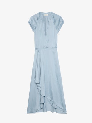 Randall Asymmetric Ruffled Dress​ - Mid-length satin dress with short raglan sleeves and an asymmetric ruffled panel skirt.