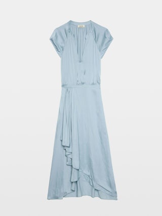 Randall Satin Dress - Mid-length satin dress with short raglan sleeves and an asymmetric ruffled panel skirt.