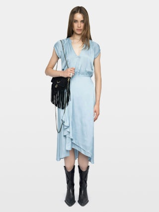 Randall Asymmetric Ruffled Dress - Mid-length satin dress with short raglan sleeves and an asymmetric ruffled panel skirt.