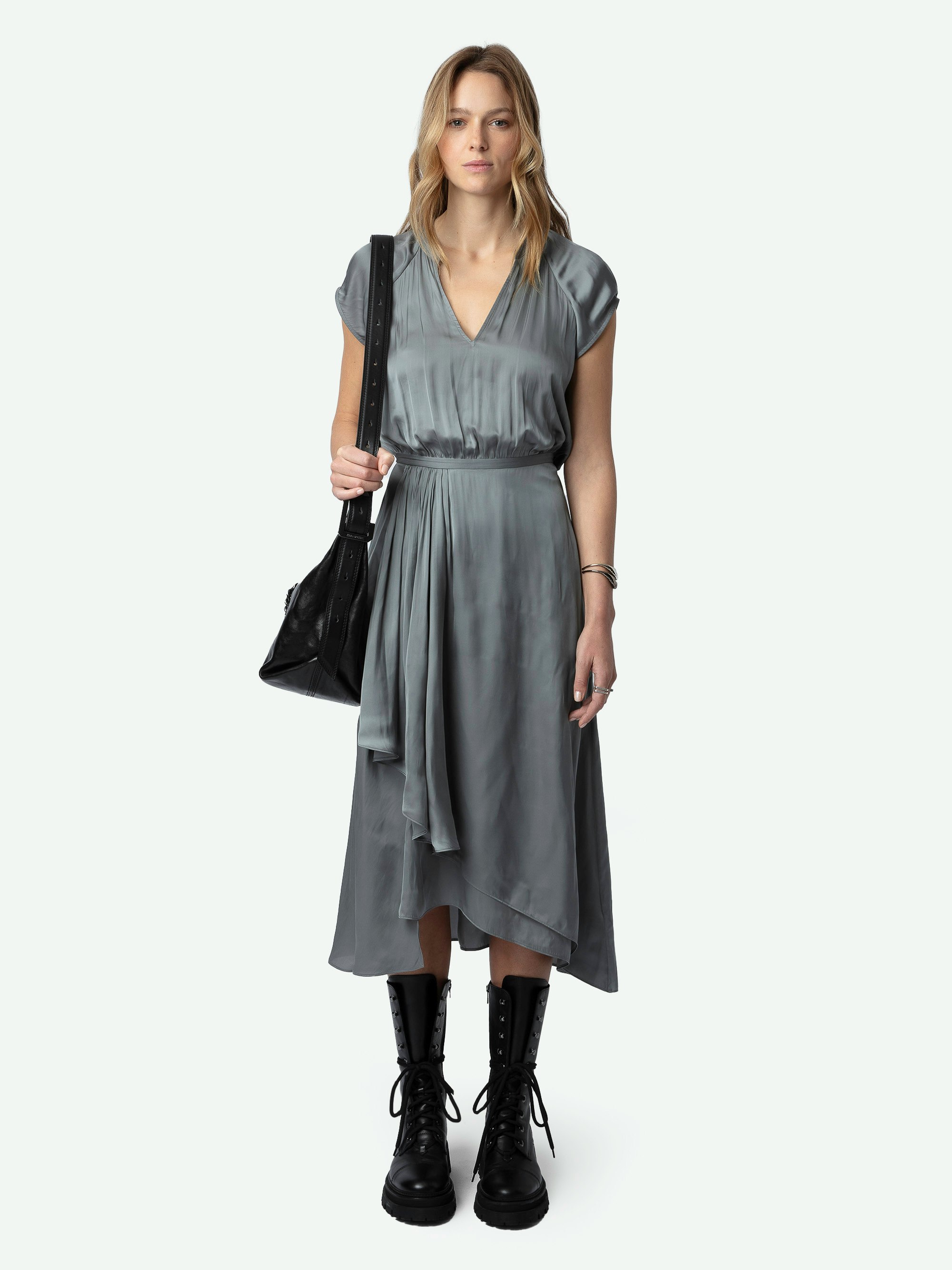 Randall Satin Dress - Grey satin midi dress with short raglan sleeves and skirt with ruffled asymmetrical panel.