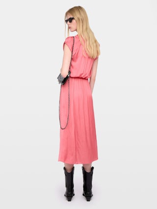 Randall Satin Dress - Mid-length satin dress with short raglan sleeves and asymmetrical ruffled skirt.