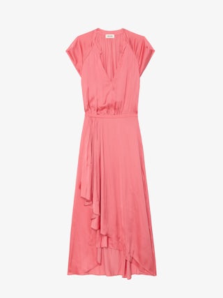 Kleid Randall Satin - Mittellanges Kleid aus Satin mit kurzen Raglanärmeln und asymmetrischem Volantrock.