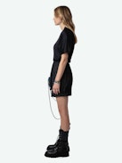 Raito Satin Dress - Short-sleeved black Japanese satin mini dress with V-neckline and skirt with draped front panel.