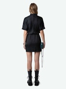 Raito Satin Dress - Short-sleeved black Japanese satin mini dress with V-neckline and skirt with draped front panel.