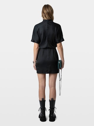 Dress Raito Satin - Short dress in Japanese satin with V-neckline, short sleeves and a draped front panel skirt.