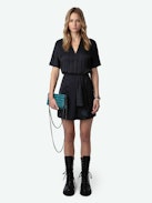 Raito Satin Dress - Short-sleeved black Japanese satin mini dress with V-neckline and skirt with draped front panel.