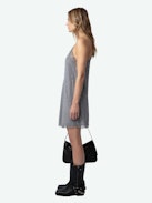Kleid Ristyz Strass Seide - Kurzes, graues Seidenkleid im Lingerie-Stil mit All-over-Strass und Spitzenabschlüssen, zum Binden an der Taille.