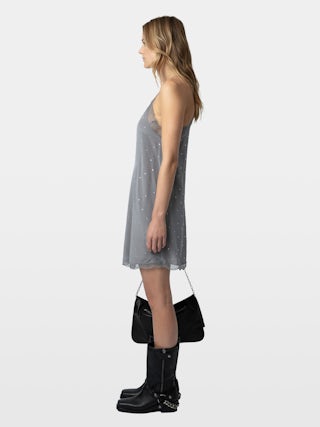 Ristyz 100% Silk Dress - Short lingerie-inspired silk dress with all-over rhinestones, lace edges and tied at the waist.