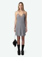 Kleid Ristyz Strass Seide - Kurzes, graues Seidenkleid im Lingerie-Stil mit All-over-Strass und Spitzenabschlüssen, zum Binden an der Taille.