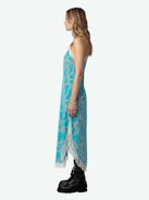 Ristyl Silk Dress - Blue lingerie-style silk maxi dress with ZV chain motifs and lace straps and trims.