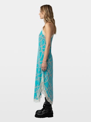 Ristyl 100% Silk Dress - Long lingerie-inspired silk dress with ZV chain motifs, straps and lace edges.