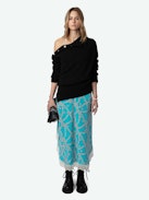 Ristyl Silk Dress - Blue lingerie-style silk maxi dress with ZV chain motifs and lace straps and trims.