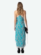 Ristyl Silk Dress - Blue lingerie-style silk maxi dress with ZV chain motifs and lace straps and trims.