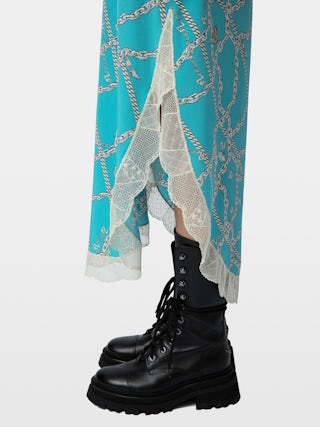 Ristyl 100% Silk Dress - Long lingerie-inspired silk dress with ZV chain motifs, straps and lace edges.