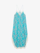 Ristyl Silk Dress - Blue lingerie-style silk maxi dress with ZV chain motifs and lace straps and trims.