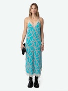 Ristyl Silk Dress - Blue lingerie-style silk maxi dress with ZV chain motifs and lace straps and trims.