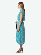 Randall Silk Dress - Blue silk midi dress with ZV chain print, short raglan sleeves and skirt with ruffled asymmetrical panel.