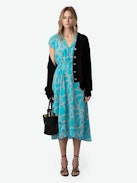 Randall Silk Dress - Blue silk midi dress with ZV chain print, short raglan sleeves and skirt with ruffled asymmetrical panel.