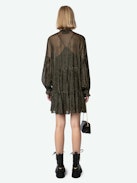 Randy Dress - Sheer black long-sleeved minidress with sequins, button fastening, ruffles and slip.