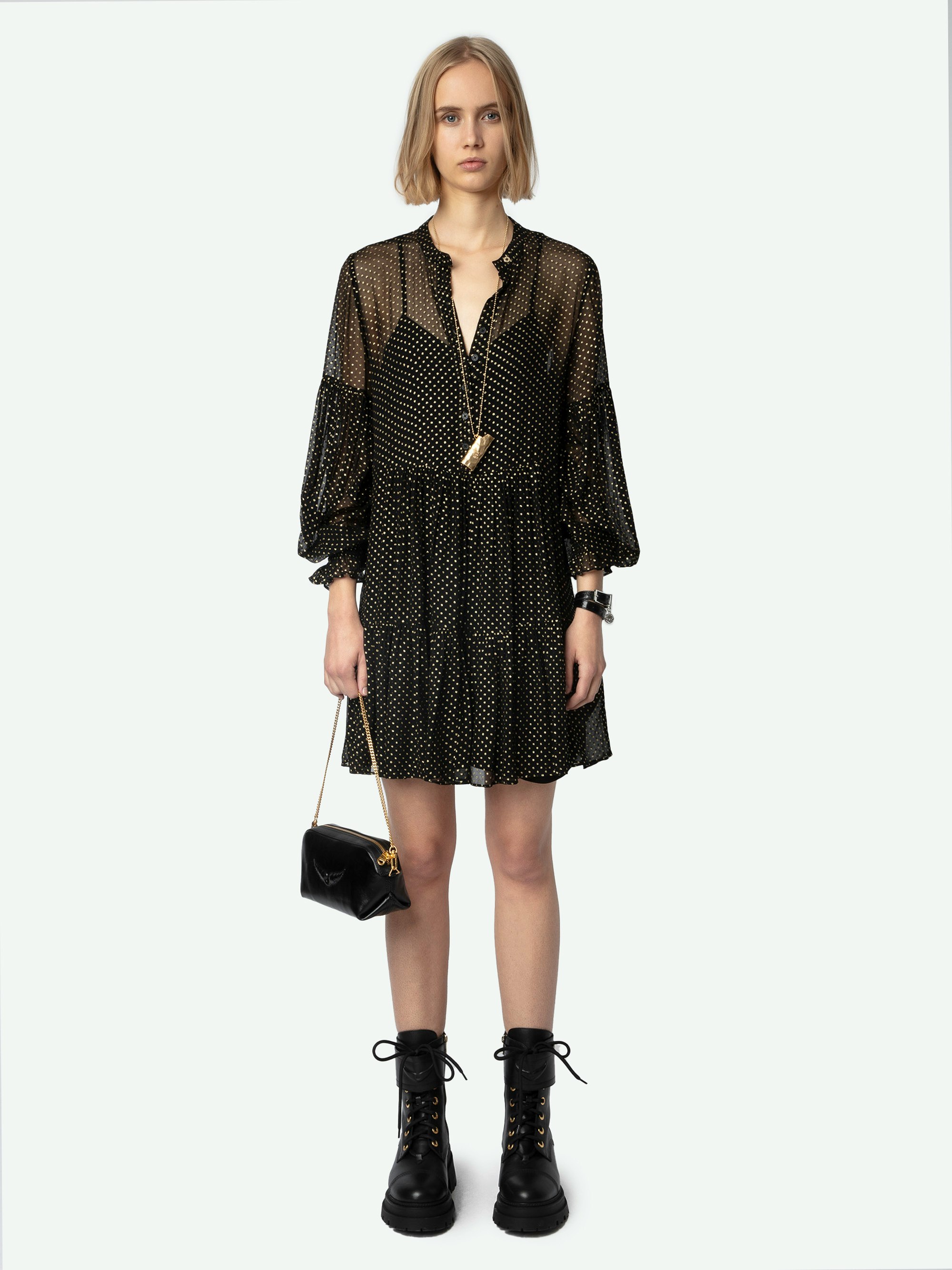 Randy Dress - Sheer black long-sleeved minidress with sequins, button fastening, ruffles and slip.