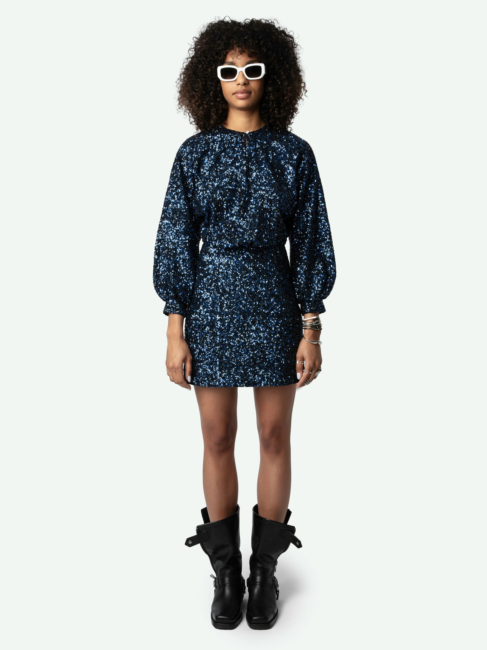 Rui Sequin Dress - Blue mini dress with sequins, full long sleeves and jewelled button collar.