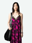 Ristyl Dress - Pink and black floral maxi dress with floral x-ray print, straps, and lace trim.