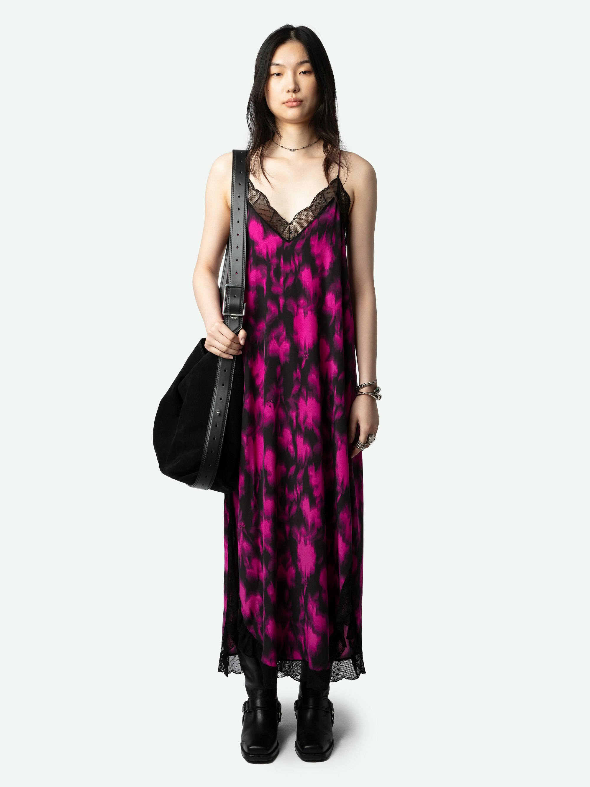 Ristyl Dress - Pink and black floral maxi dress with floral x-ray print, straps, and lace trim.