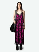 Ristyl Dress - Pink and black floral maxi dress with floral x-ray print, straps, and lace trim.