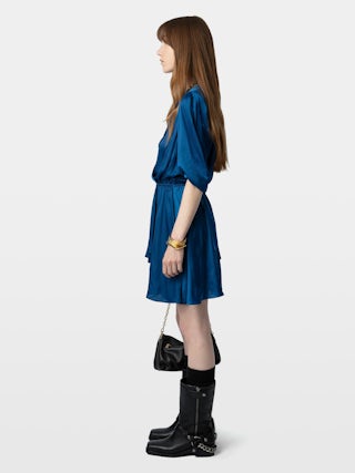 Rogers Satin Dress - Short dress in Japanese satin with 7/8 sleeves and asymmetric draped skirt.
