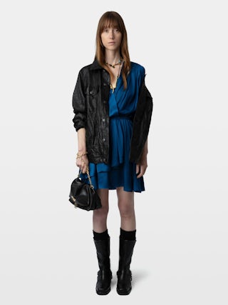 Rogers Satin Dress - Short dress in Japanese satin with 7/8 sleeves and asymmetric draped skirt.