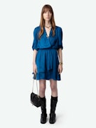 Abito Rogers Raso - Abito corto in raso giapponese blu con maniche a 7/8 e gonna asimmetrica drappeggiata.