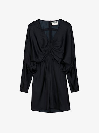 Robe Rooth Satin - Robe courte satinée à décolleté en V effet drapé et manches longues chauve-souris.