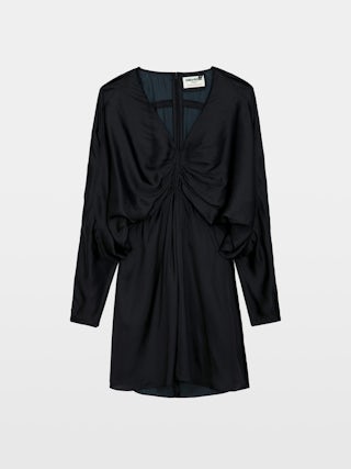 Dress Rooth Satin - Short satin dress with V-neck and adjustable draped effect, long batwing sleeves.