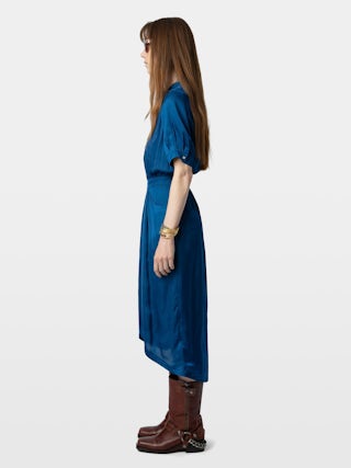 Rima Satin Dress - Mid-length dress in Japanese satin with short sleeves and asymmetric skirt.